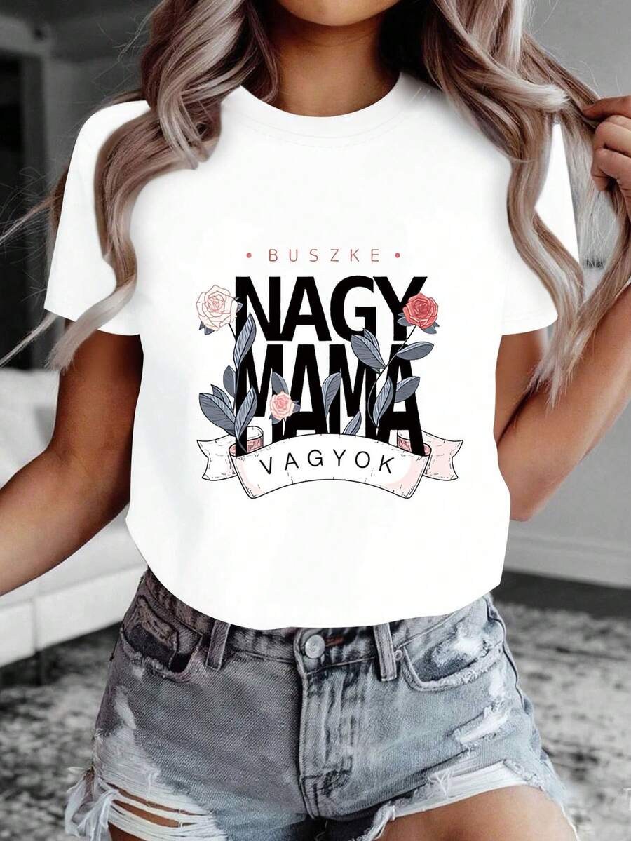 Camiseta de manga corta de primavera/verano para mujer con cuello redondo y estampado de texto "Hungarian BUSZKE NAGYMAMA VAGYOK Soy una abuela orgullosa". OTXG - Blanco - Ver 1