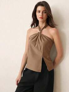 Top con cuello de halter, diseño de botón de metal verde, abertura lateral, elegante y chic para uso urbano y diario, estilo romántico retro de los 90.Adecuado para Navidad, Año Nuevo, San Valentín, fiestas, playa, graduación, moda, carnaval, bod - Marrón 3 - Ver 4