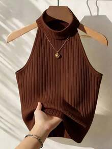 Blusa de unicolor con cuello halter, versátil para uso diario - Marrón - Ver 6