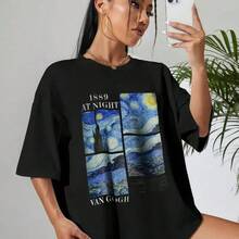 Camiseta holgada con estampado del cielo estrellado de Van Gogh, estilo americano divertido, diseño retro de pintura al óleo europea y americana, top de manga corta a la moda. - Blanco - Ver 8