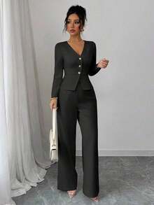 Elenzya Conjunto de blazer y pantalones de manga larga elegante para mujer, estilo de negocios/oficina, adecuado para verano, Día de la Independencia, graduación, vuelta al colegio - Negro - Ver 6