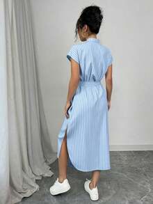 Vestido largo de manga corta para verano 2025, nuevo, con bolsillo, abertura lateral, cinturón y lazo, estampado de leopardo, para uso casual y de viaje - Azul 2 - Ver 2
