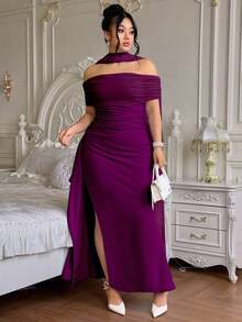 Vestido largo de fiesta elegante y ajustado con hombros descubiertos y abertura para mujer de talla grande, ideal para fiestas navideñas y ocasiones formales.Disponible en azul marino. - Morado Violeta - Ver 9