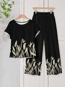 2 piezas Conjunto de camisa y pantalones casuales con estampado de plantas para mujer, primavera/verano, casual - Negro - Ver 1