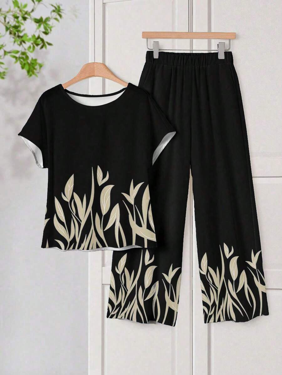 2 piezas Conjunto de camisa y pantalones casuales con estampado de plantas para mujer, primavera/verano, casual - Negro - Ver 1