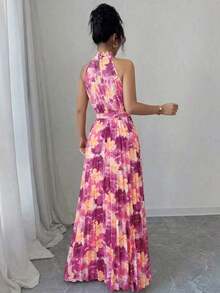 Vestido elegante y romántico con estampado floral, corte evasé y escote halter sin mangas para mujer - Multicolor 7 - Ver 2