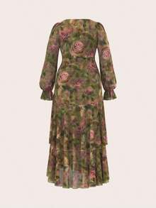 Reflora Nuevo vestido largo de mujer de talla grande con estampado floral, volantes en el bajo, cintura ceñida y alta elasticidad, vestido de otoño, vestido con volantes, vestido floral - Multicolor 2 - Ver 4