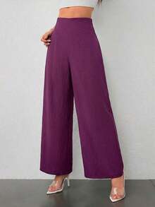 Pantalones anchos de cintura alta con textura, de estilo simple y casual, apropiados para la vuelta al cole y para uso diario - Rojo violeta - Ver 5