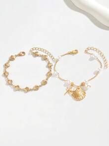Bộ 2 vòng tay mặt dây chuyền hình vỏ sò và sao biển đính ngọc trai giả, kiểu dáng nghỉ mát mùa hè, làm từ hợp kim kim loại, đa năng cho đeo hàng ngày, hẹn hò ở bãi biển, dự tiệc, lễ hội âm nhạc. Chiều dài dây chuyền thủ công có thể tùy chỉnh. - Nhiều màu - Xem 1