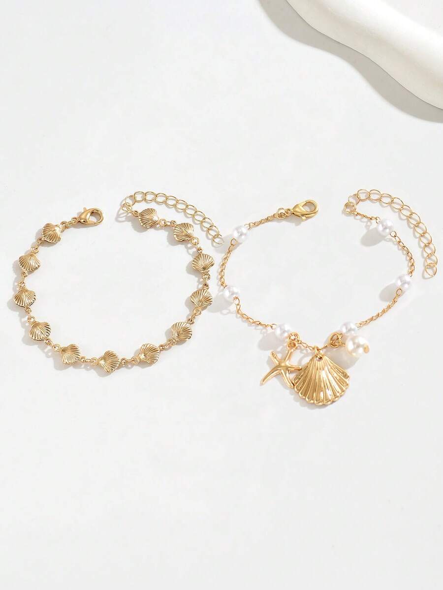 Bộ 2 vòng tay mặt dây chuyền hình vỏ sò và sao biển đính ngọc trai giả, kiểu dáng nghỉ mát mùa hè, làm từ hợp kim kim loại, đa năng cho đeo hàng ngày, hẹn hò ở bãi biển, dự tiệc, lễ hội âm nhạc. Chiều dài dây chuyền thủ công có thể tùy chỉnh. - Nhiều màu - Xem 1
