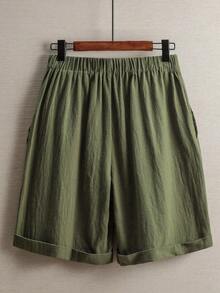 Pantalones de lino minimalistas casuales de unicolor para mujer, talla pequeña - Verde militar - Ver 2