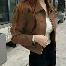 Chaqueta con cremallera de unicolor y cuello de ante sintético para mujer, uso casual para la escuela, el aeropuerto, primavera/otoño - Marrón - Ver 2