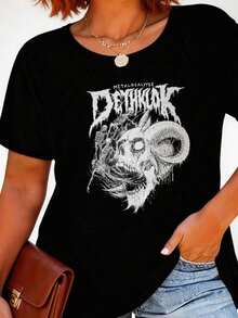 Camiseta Gráfica Dethklok para Mujer de Under The Radar, Camiseta Casual de Algodón de Manga Corta, Camiseta de Moda de Temporada con Cuello Redondo, Camiseta Minimalista con Estampado de Anime/Slogan/Banda, Tejido Cómodo de Elasticidad Media, Lavable a Máquina - Versátil para Uso Diario, Deportivo o Ocasiones Especiales - Camiseta Unisex de Algodón de Manga Corta y Cuello Redondo de Estilo Urbano Vintage - Negro - Ver 7