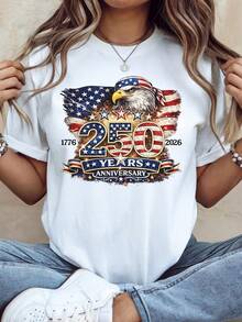 Camiseta del 250 aniversario con la bandera estadounidense y el águila 17762026. Ropa patriótica, camisetas patrióticas con la bandera estadounidense, camisetas para el Día de los Caídos. Camiseta unisex de algodón puro de 220 g. Peso ideal para todas las estaciones, apta para hombres y mujeres. Tejido duradero de alta calidad, suave al tacto y de larga duración. Parte superior transpirable. Adecuada para la primavera y el verano de las mujeres, vacaciones, Día de la Madre, Día de la Independencia. - Blanco - Ver 1