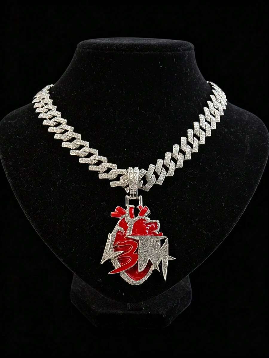 1pc Men's Iced Out Heart Pendant Necklace, Gold/Silver Color Hip Hop Style Jewelry, Street Fashion Accessory