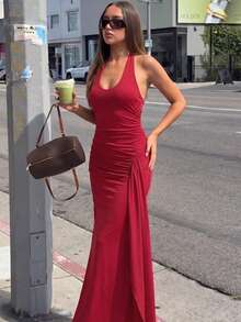 Vestido verano unicolor halter con cordón espalda descubierta abertura lateral corte ajustado elegante y sensual estilo europeo para mujer - Rojo - Ver 12