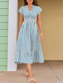 1pc Blue & White Striped Shirred Shirred Waist Ruffle Hem Mid-Length Dress, French Casual Slimming Flared Skirt Elegant Summer - Blue - View 3