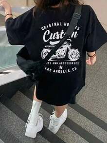 Women's Round Neck T-Shirt With A Relaxed Fit, Japanese Style, Short Sleeves, And A Letter And Motorcycle Print. Very Versatile And Comfortable For Spring And Summer, A , Youthful Look Ideal For Everyday Wear And Casual Outings. JMFB - 黑色 - 查看 7