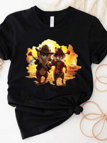 Chip 'n Dale Rescue Rangers T-Shirt, Family T-Shirts, Holiday T-Shirt, Love For Chip And Dale. Unisex 220g Pure Cotton T-Shirt, Ideal Weight For All Seasons, Suitable For Both Men And Women. Durable, High-Quality Fabric, Soft To The Touch And Long-Lasting. Breathable Top. Suitable For Women's Spring And Summer, Holidays, Mother's Day, Independence Day. - 黑色 - 查看 1
