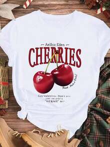Camiseta con Estampado de Cerezas para el Día de San Valentín, Diseño de Cerezas Rojas y Texto, Ropa Casual Blanca para Primavera Verano - Blanco - Ver 3