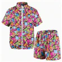 2pcs Set (T-Shirt + Shorts), Excluding Fashion Glasses, 80s Disco Style Sports Tee And Shorts, Retro Jogging Outfit - Hot Pink - View 8