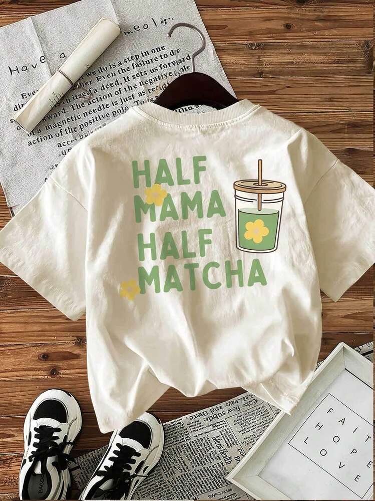 HALF MAMA HALF MATCHA Short Sleeve Crew Neck T-Shirt, Women's Casual Spring And Summer Top, Floral And Matcha Print, Fresh Style. - Unisex Cotton Short Sleeve Crew Neck T-Shirt, Vintage Urban Style, Women's Blouses. Casual Blouses For Ladies. - Apricot - View 1