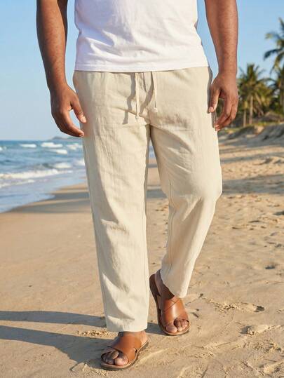 Plus Size 1XL-6XL Men's Loose Straight Linen Casual Pants, Hawaiian Resort Style Beach Trousers
