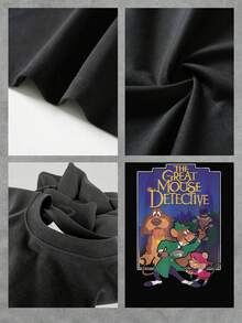 Gráfico con personajes de ratones detectives resolviendo misterios con lupa y aventuras en la ciudad victoriana que transmiten inteligencia amistad y valentía camiseta de mujer  cómoda y moderna para uso diario - Negro - Ver 4