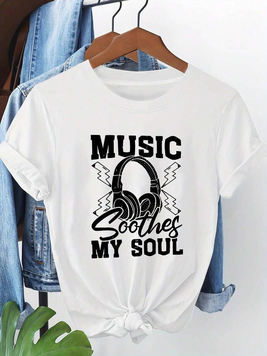 Women's Short-Sleeved Crew Neck T-Shirt With Retro-Style "MUSIC Soothes MY SOUL" Print, Ideal For Casual Shopping, Holiday Gifts, Gatherings With Friends, Music Parties, And Vacation Wear. - 白色 - 查看 1