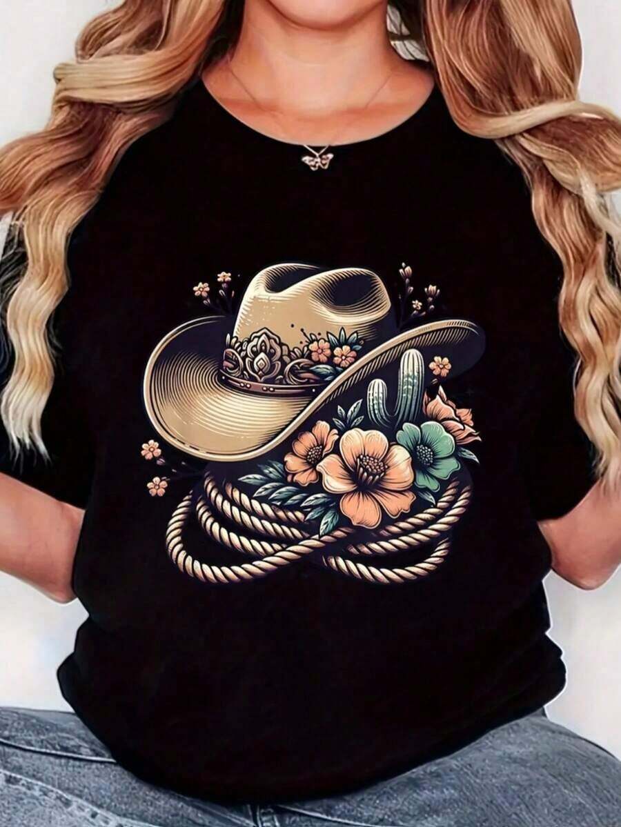 MinimalistMujer002 Women's Casual Versatile Comfortable And Elegant T-Shirt With Cowboy Hat And Flower Print. Women's Simple Solid Color T-Shirt, Loose And Slim Fit Casual Short Sleeve - 黑色 - 查看 1