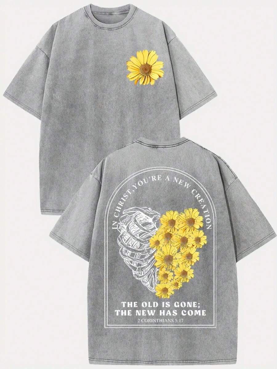 Fashionable Washed T-Shirts For 2026, A Strong Presence For Thanksgiving And Christmas! Featuring Heart And Flower Prints, 100% Pure Cotton, The Perfect Gift Choice! Washed Cotton. - 灰色 - 查看 1