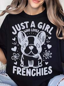 Solo Una Chica Que Ama A Los Perros Franceses - Camiseta Para Mujer Con Diseño De Cachorro Francés Adorable Con Corazones Y Flores - Camiseta Casual Para Amantes De Mascotas - Idea De Regalo Para Dueñas De Perros Para Cumpleaños O Día De San Valentín - Negro - Ver 1