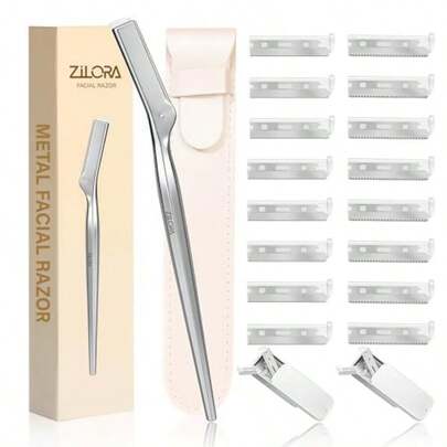 Metal Face Razor For Women, Dermaplaning Tool With 16 Replacement Blades Wide And Micro,Facial Hair Remover And Eyebrow Trimmer, Silver