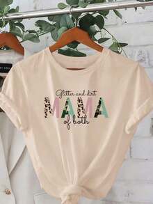 Women's T-Shirt, Creative Monogram T-Shirt For Mother's Day, Casual For Women, Vacation, Short Sleeve, Round Neck, Spring And Summer, Machine Washable, New Women's Clothing, Versatile For Street Wear, Comfortable Cotton T-Shirt, Size S, Comfortable And Lightweight - 杏 - 查看 12