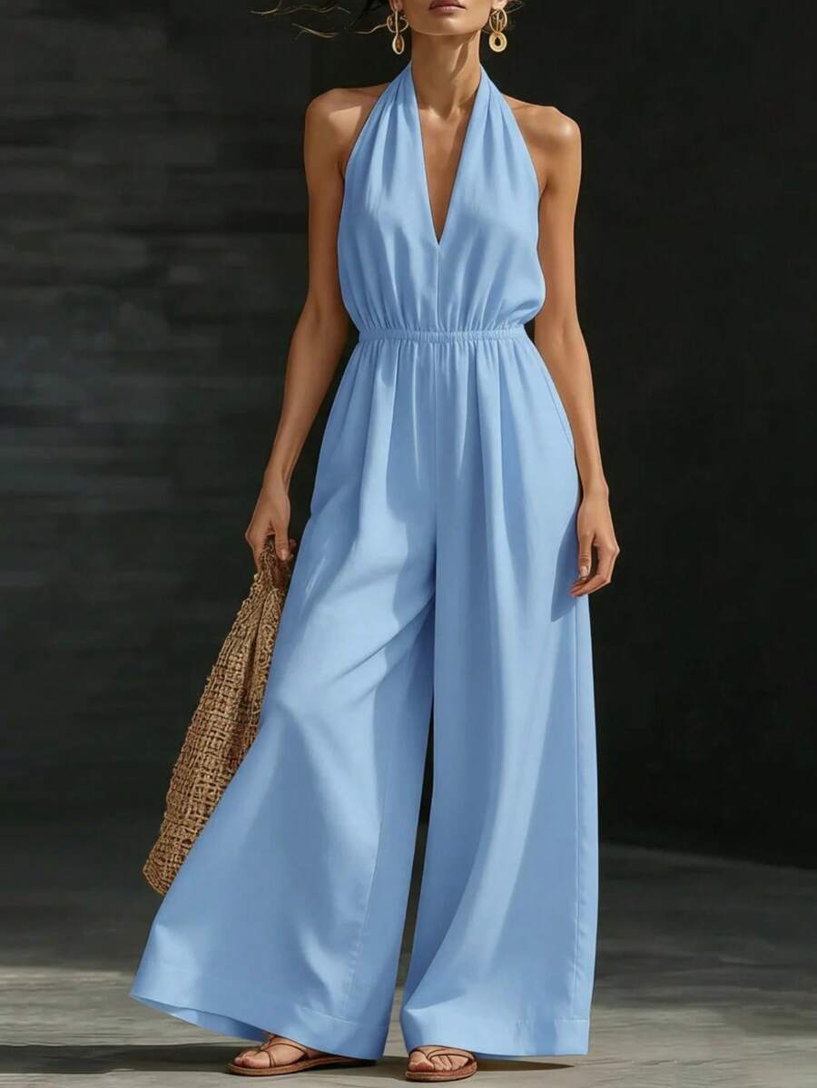 Mono nuevo de verano para mujer, de diseño, elegante, estilo francés, top halter de cuello V, perfecto para oficina, looks de día y ocasiones informales, favorecedor - azul cielo - Ver 1