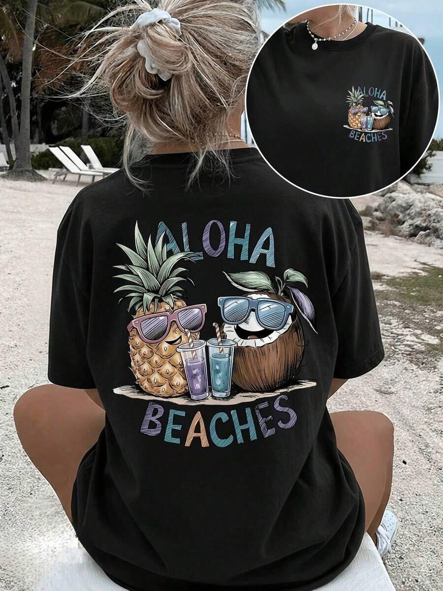 GiftCamiseta de manga corta con estampado de piña y coco estilo ALOHA BEACHES, diseño de doble cara, estilo casual de verano para mujer - Camiseta unisex de algodón holgada de manga corta y cuello redondo, estilo vintage urbano.Soft - Negro - Ver 1