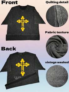 Camiseta Negra Holgada Lavada Estilo Vintage Unisex con Estampado de Frases Religiosas y Cruz, Inspiración Cristiana, Padre Serafín Ross, Cruz Ortodoxa, 100% Algodón, Cuello Redondo, Manga Corta, Casual, para Hombre, Verano - Negro - Ver 6