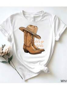 Women's Casual Sports T-Shirt With Cowboy Boots And Hat Illustration - White Elastic Crew Neck T-Shirt, Machine Washable, Comfortable Fit For All Seasons, Perfect For Daily Wear And Outdoor Activities. - 白色 - 查看 1
