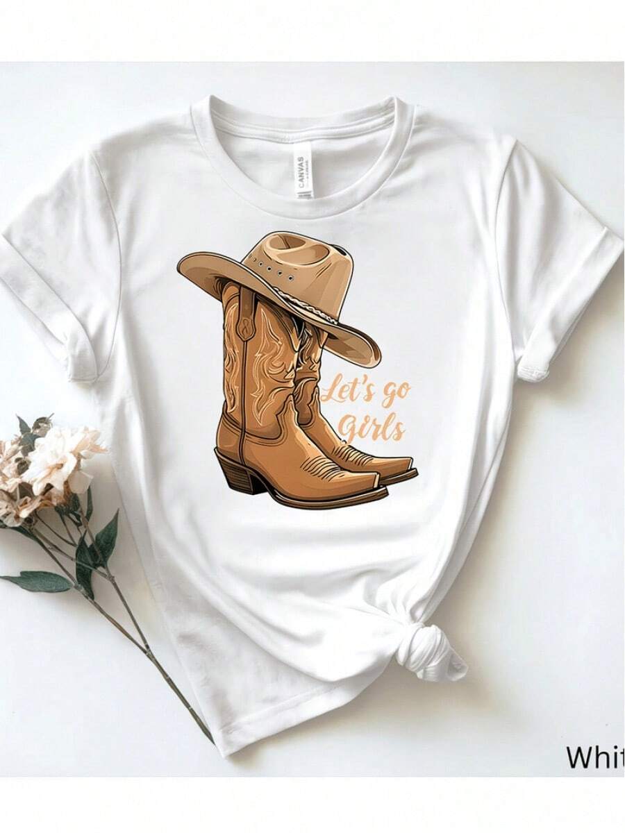 Women's Casual Sports T-Shirt With Cowboy Boots And Hat Illustration - White Elastic Crew Neck T-Shirt, Machine Washable, Comfortable Fit For All Seasons, Perfect For Daily Wear And Outdoor Activities. - 白色 - 查看 1