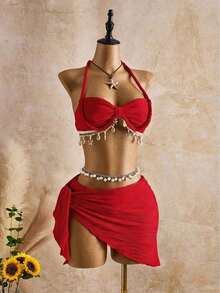Bellisia Conjunto de tankini de mujer con tirantes finos, patrón de onda beige con decoración de concha marina y estrella, para primavera/verano/otoño, conjunto de ropa de vacaciones para mujer, traje de baño de bikini con cobertura, conjunto de ropa de verano para mujer de 2 piezas - Rojo - Ver 4