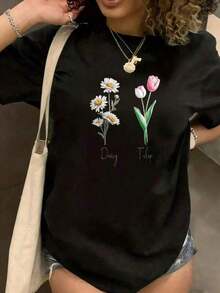 Women's T-Shirt With Daisy And Tulip Floral Print, Round Neck And Short Sleeves, White, Casual Style, Loose Fit, Graphic Design Summer Top, Ideal For Holiday Gifts, Sizes S-3XL - 黑色 - 查看 6