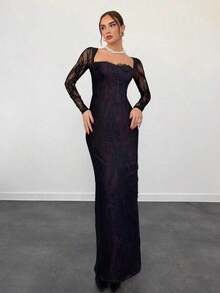 Vestido negro ajustado hasta el suelo con cuello corsé ahuecado y mangas largas con encaje en forma de S sexy para mujer para fiestas, citas y banquetes de otoño/invierno nuevo - Multicolor - Ver 3