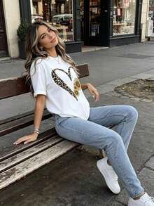 Camiseta Blanca y Negra con Estampado de Corazón de Leopardo y Girasol, Top Casual de Verano para Mujer, Camiseta de Algodón Suave con Cuello Redondo para Uso Diario - Blanco - Ver 4