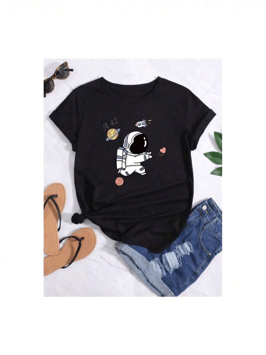 Nueva primavera y verano señoras dibujos animados astronauta impreso camiseta - Negro - Ver 1