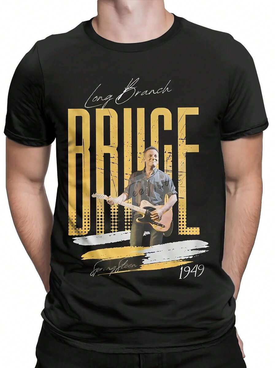6XL T-Shirt With Round Neck, Casual Style, Suitable For Wearing In The Season, With Print, Slightly Elastic Fabric, Loose And Comfortable. - Black - View 1