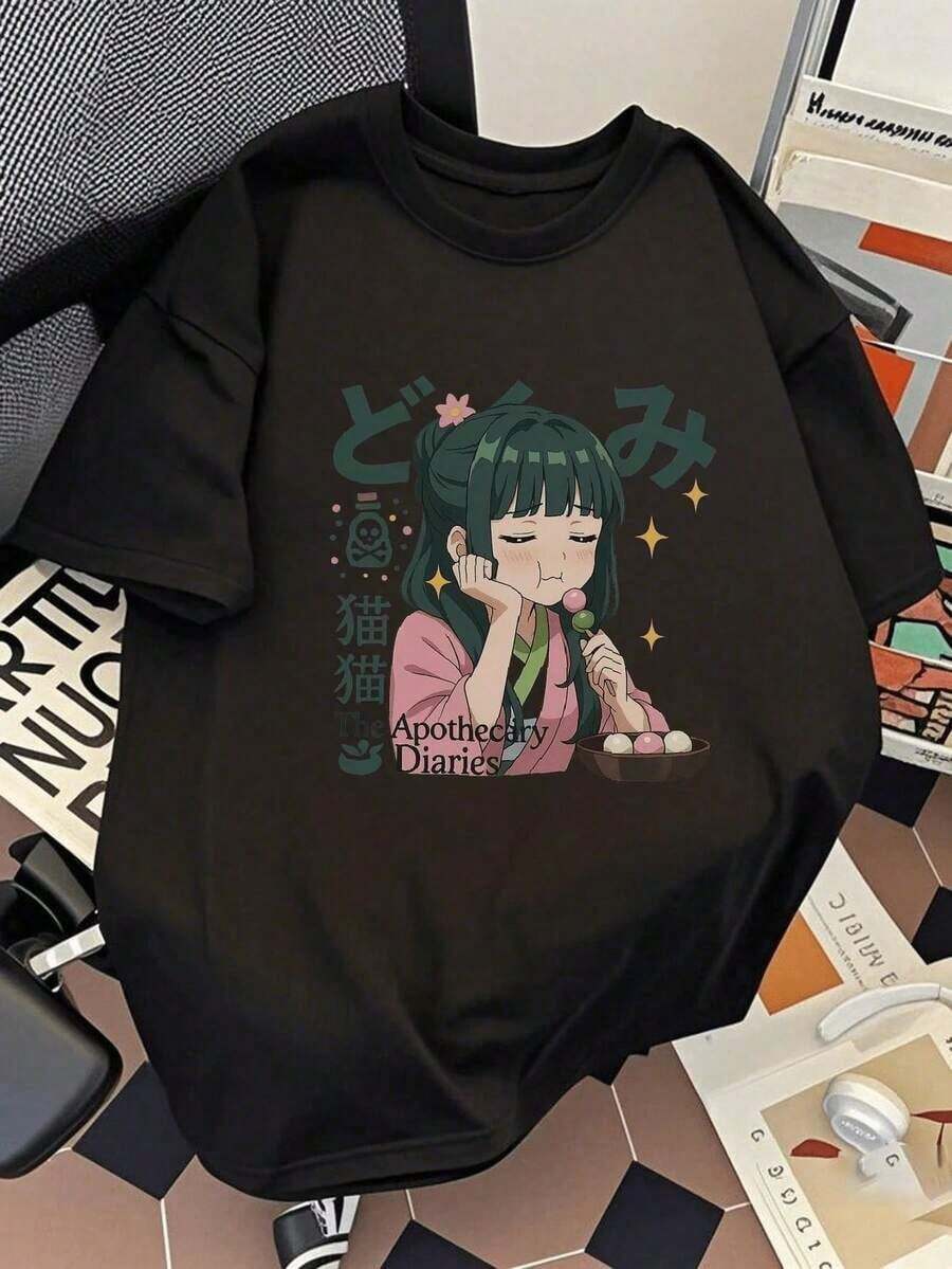 1 Piece Anime T-Shirt Menina Maomao Unisex Blouse Male Female 100% Cotton Premium Top Streetwear New Release Immediate Shipping Various Colors!! Large Size 180g 100% Soft Cotton - 黑色 - 查看 1