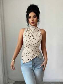 Camiseta de tirantes ajustada con dobladillo asimétrico a lunares rojos, top elegante blanco para mujer, tops elegantes a lunares blancos y negros, de tops para mujer, tops elegantes para mujer, tops casuales para mujer, últimos tops para mujer, nuevos lanzamientos - Albaricoque - Ver 5
