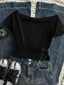 Camiseta de manga corta ajustada con hombros descubiertos y pliegues en la cintura, con estampado de limón, adecuada para el verano - Negro 4 - Ver 4