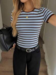 Camiseta de manga corta ajustada de cuello redondo minimalista casual para mujer, adecuada para primavera/verano - Multicolor 7 - Ver 3