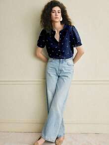 Camisa azul de mujer con cuello con volantes, mangas de pétalos y textura de tela suave, estilo francés casual de vacaciones, primavera/verano - Azul marino - Ver 3